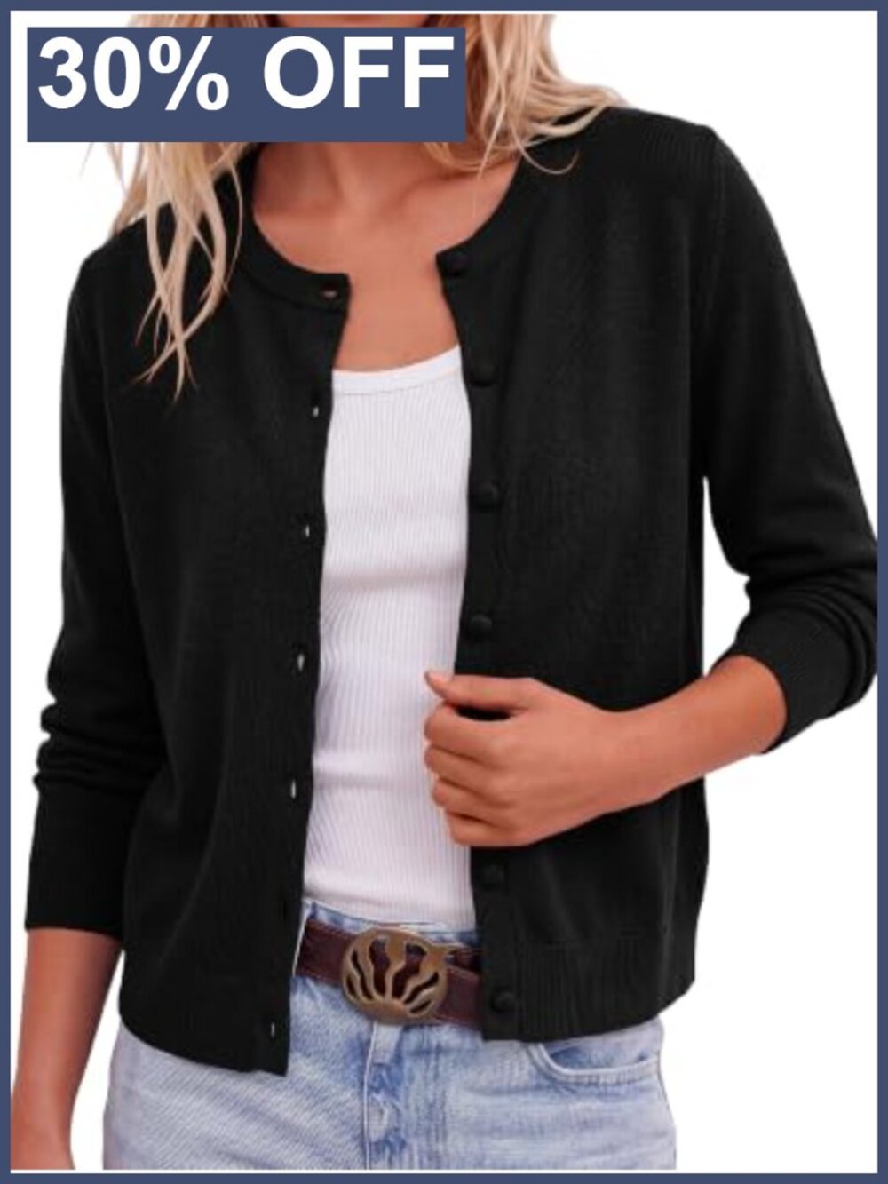 Lightweight Crew Neck Button Front Cardigan Sweater - Women's Long Sleeve Knit